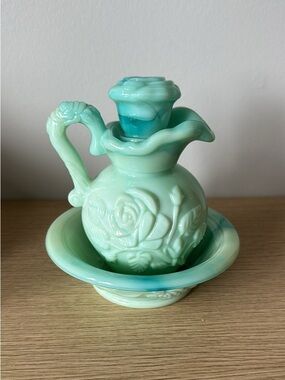 Vintage Avon Green Slag Glass Rose Embossed Bottle